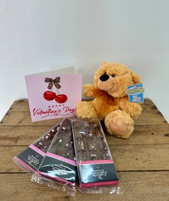 Gift bundle including - 3 x Luxury Chocolate Bars, 1 x Cuddly Teddy Bear and 1 x Valentines Greetings Card