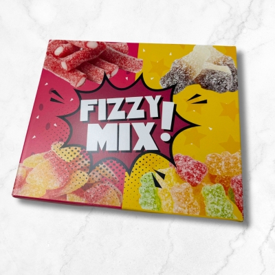 Fizzy sweet selection box including 4 fan-favourites - Fizzy Strawerry Pencil Bites, Fizzy Cola Bottles, Fizzy Peaches & Fizzy Bears. 