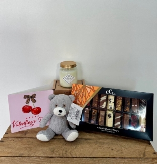 Gift Bundle including - 1 x Knitted Teddy Bear, 1 x Luxury Chocolate Finger Gift Box, 1 x Luxury Candle and 1 x Valentines Greetings Card