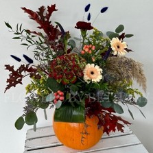 Medium orange pumpkin with floral arrangement including oak leaf, eucalyptus, germini, berries & other seasonal verities. 