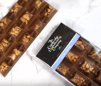 A Luxury Milk Chocolate Bar with Caramel Pieces and Sea Salt.