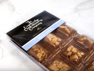 A Luxury Milk Chocolate Bar with Caramel Pieces and Sea Salt.