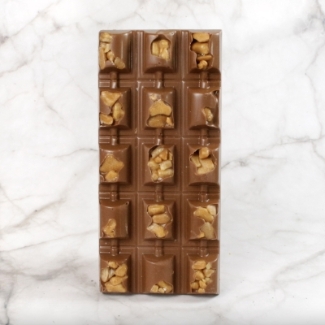 A Luxury Milk Chocolate Bar with Caramel Pieces and Sea Salt.